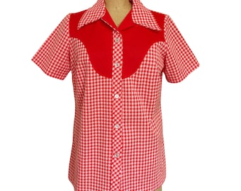 Tunique rouge et blanche à carreaux pied-de-poule des années 1970 - Sears Fashions - Grande taille