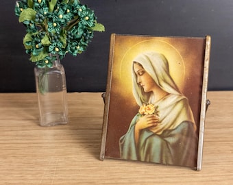 Vintage 1950s Art Deco Mystical Rose Madonna Print - Double Sided Glass Mirror - Frame Easel