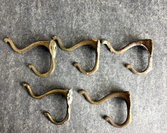 5 Cast Metal Brass Plated Double Coat Hooks - Rustic Aged Patina - Vintage Hardware