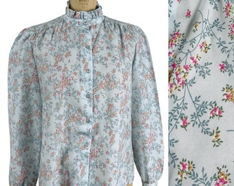 1970s aqua floral blouse - button down with high collar - size medium