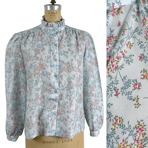 1970s aqua floral blouse - button down with high … - image 1