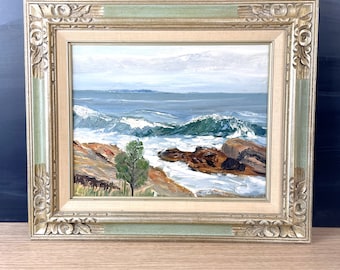 Lone Pine rocky coast of Maine seascape painting - 1960s vintage