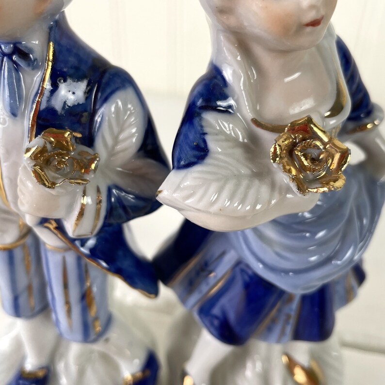 Regency couple porcelain figurines in blue, white and gold vintage romantic decor image 3