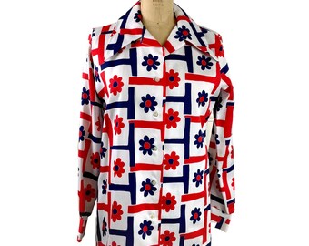 Chemise à manches longues vintage des années 70 rouge blanc bleu Mod Daisy géométrique chemisier - Taille S