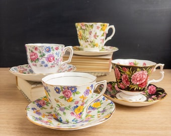 Mismatched Set of 4 Vintage English Bone China Teacups and Saucers - Chintz Tea Party