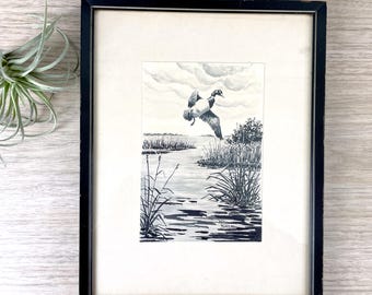 Vintage McKee Barclay Watercolor Painting - 1940s Duck in Flight Marsh Scene - Framed Baltimore Sun Cartoonist Art - Purnell Galleries