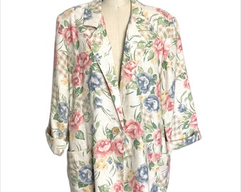 1980s linen blend floral blazer with rolled sleeves - size L