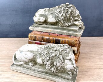 Cast stone lion bookends - made in Canada - 1990s vintage