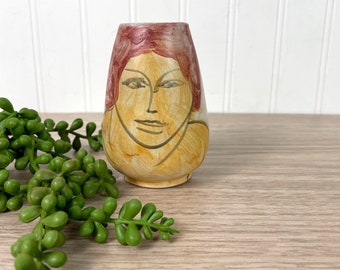 Pottery vessel with woman's portrait - 1990s artisan vintage