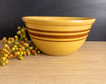 Antique Yellowware Mixing Bowl with 3 Brown Bands - 10.5" - Farmhouse Style