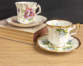 English Bone China Demitasse Teacups and Saucers Floral - Set of 2 - Vintage Tea Party