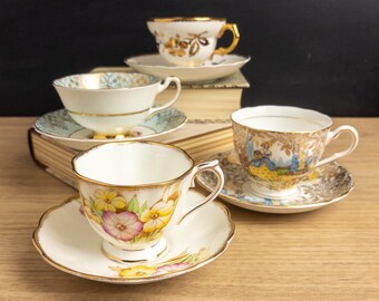 English Bone China Teacups and Saucers - Mismatched Set of 4 - Vintage 1950s-1060s - Gilt and Filigree