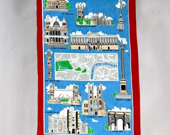 Torchon Londres vintage des années 1990 - Carte souvenir britannique des monuments du centre de Londres - Torchon de cuisine 100 % coton Blackstaff