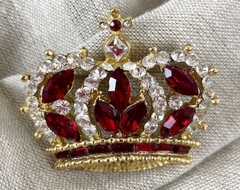 Red rhinestone crown brooch by Carina - 1980s vintage