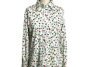 Vintage 70s Berry Print Blouse Polyester Knit Novelty Print Button Down Modern Size M-L