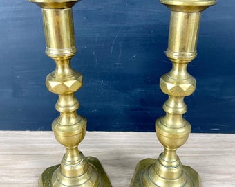 Antique Victorian Brass Push-Up Candlesticks, Pair - 7" Faceted Knop Column Candle Holders, English Style