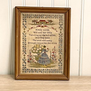 Kindly Words sampler print vintage framed art image 1