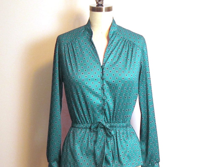1970s Jade Green Blouse With Drawstring Waist and Peplum Petite Small