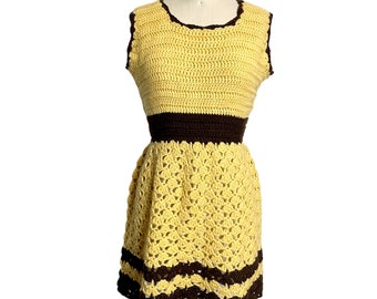 Gold and brown crocheted sleeveless mini dress - size medium