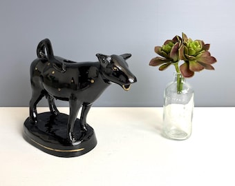 Antique Jackfield Style Black Cow Creamer - Victorian Pottery Cream Jug - Glossy Black and  Gold Cow Figurine - Late 1800s