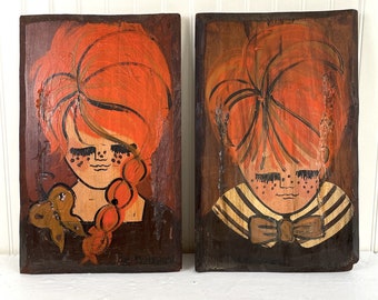 Jan McPherson Rustics painted boy and girl - pine plank art - 1960s