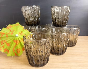 Set of 8 Smoky Pressed Glass Bamboo Tumblers - Mid Century Barware - 1960s 1970s Rocks Glasses