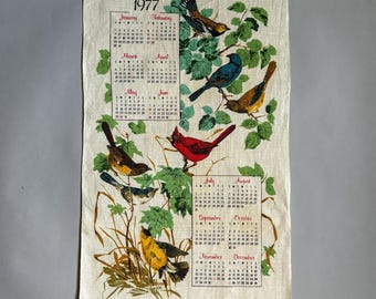 Vintage 1977 birds linen tea towel wall hanging - song birds - 50th birthday in 2027