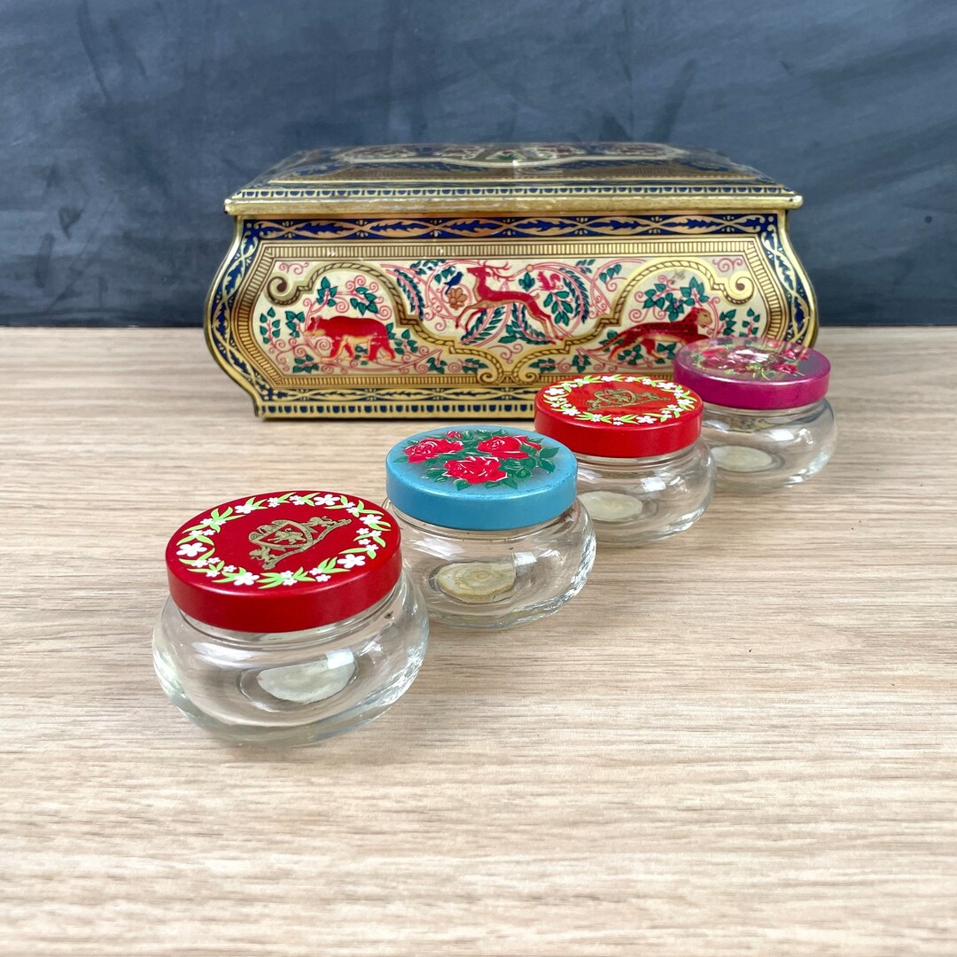 Vintage English Biscuit Tin and 4 SS Pierce Jelly Jars Craft Supplies