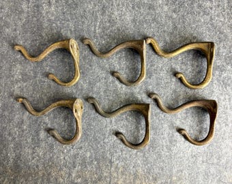 6 Cast Metal Brass Plated Vintage Double Coat Hooks - Rounded Tip -  Aged Rustic Patina