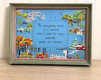 Vintage 1970s Crewel Embroidery Four Seasons Sampler - Ecclesiastes 3:1 Bible Verse - Framed Needlework Wall Art