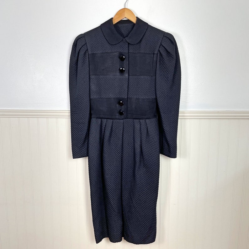 1980s vintage quilted black button-front dress / size S image 1