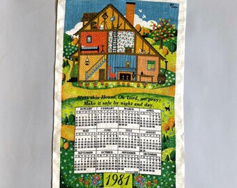 vintage 1981 KayDee Calendar torchon - chalet de campagne - Bob Goryl - Bless This House - 45e anniversaire