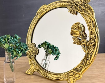 Brass Art Nouveau Style Mirror - Round Rose & Floral Easel Vanity Mirror - 1980s Vintage