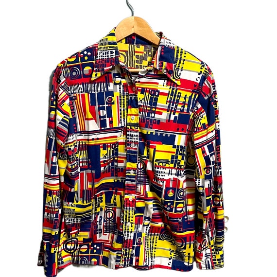 1970s geometric print polyester disco era shirt -… - image 5