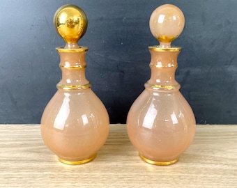 Pair of Antique Peach Opaline Glass Vanity Bottles with Gilt Accents - Boudoir / Perfume / Dresser Decanter Set
