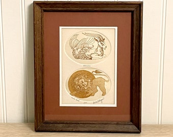 Capricorn and Leo zodiac etchings - framed 1980s color proof