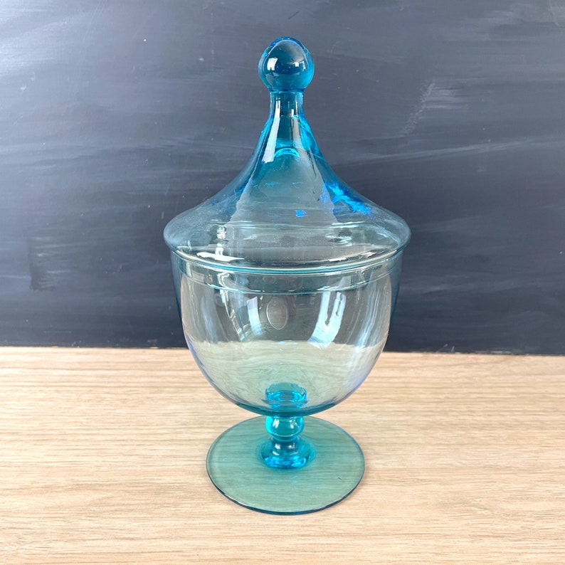 Azure blue glass covered candy dish 1960s vintage image 2