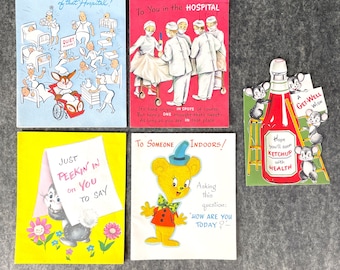 5 vintage used get well cards from 1950s - 1960s - mid century greeting cards