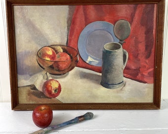 Still life with stein and apples - vintage 1950s painting on canvas