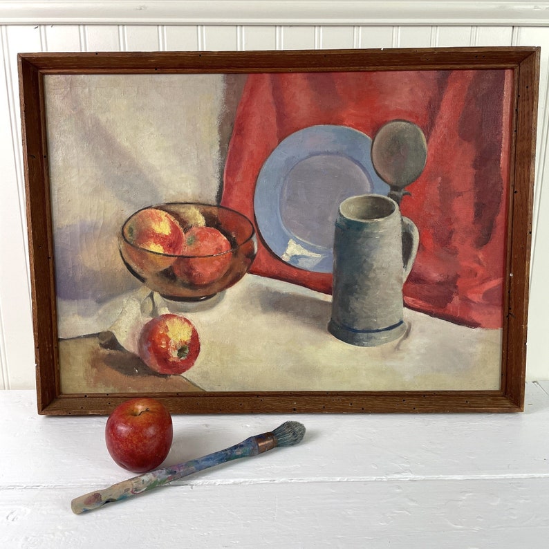 Still life with stein and apples vintage 1950s painting on canvas image 1