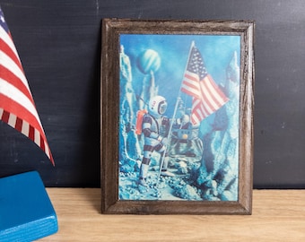 Vintage 3D Lenticular Astronaut Moon Landing Art in a Plastic Frame - 1960s Novelty Art