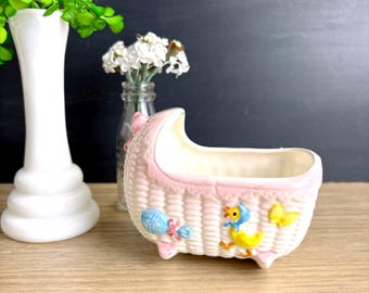 Vintage Bassinet Planter: Pink & White Duck, Butterfly Decor