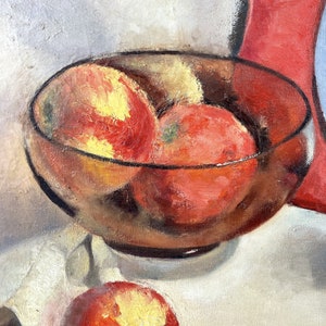 Still life with stein and apples vintage 1950s painting on canvas image 2