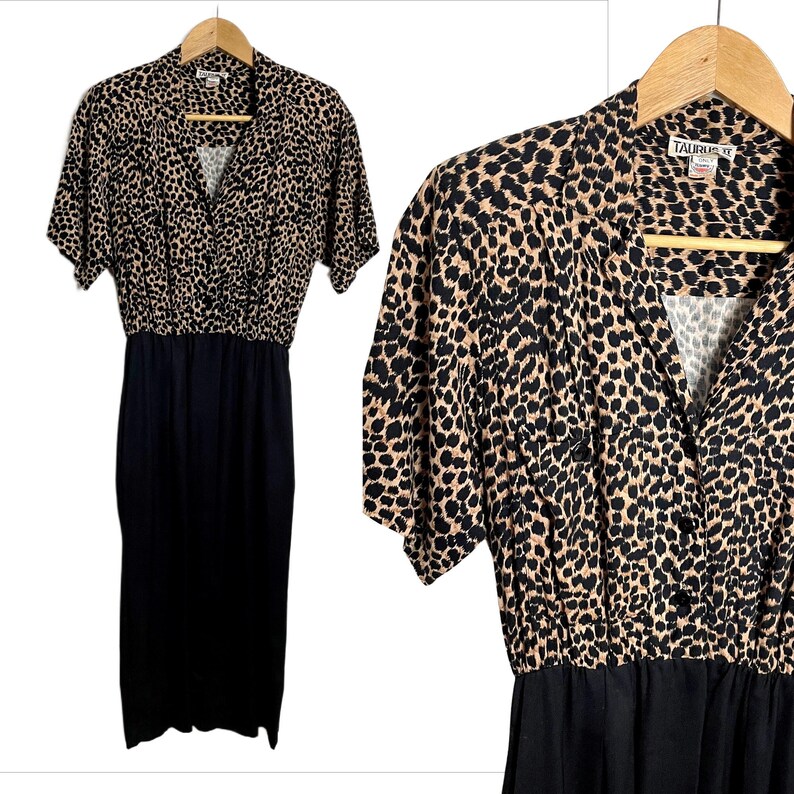 1980s vintage Taurus II animal print and black dress size 6 image 1