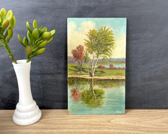 Autumn Landscape Painting on Board - Small Plein Air Birch Tree and Pond Reflection - Unsigned Folk Art