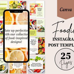 Foodie Instagram Template | 25 Canva Social Media Posts | Restaurant & Cafe Marketing | Food Blogger Editable Template Pack