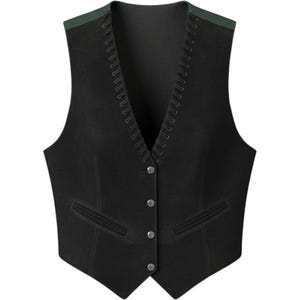 May include: A black vest featuring a deep V-neckline with decorative lacing along the edges, four silver-toned buttons down the center front, and two horizontal welt pockets. The shoulders are accented with dark green panels.