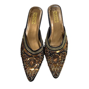 Mules Studio C Vintage Y2K con lentejuelas y tacón bajo, color dorado y bronce McBling 8