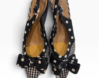 J. Renee Polka Dot Gingham Pattern Mix Slingback Kitten Heels with Bow Charm