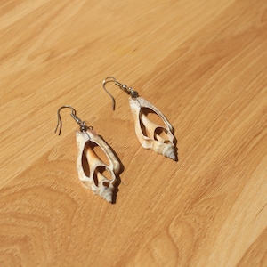 May include: A pair of dangle earrings featuring natural, elongated, tan and white spiral seashells. Each shell is attached to a silver-toned metal hook with a small metallic bead accent, creating a lightweight and organic jewelry piece.